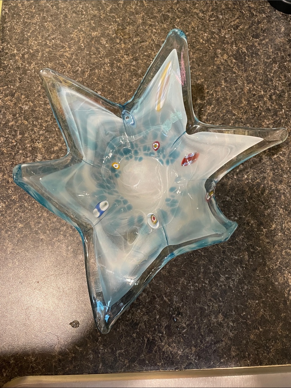 Murano Seafoam Blue Star-Shaped Glass Bowl with Millefiori Dots